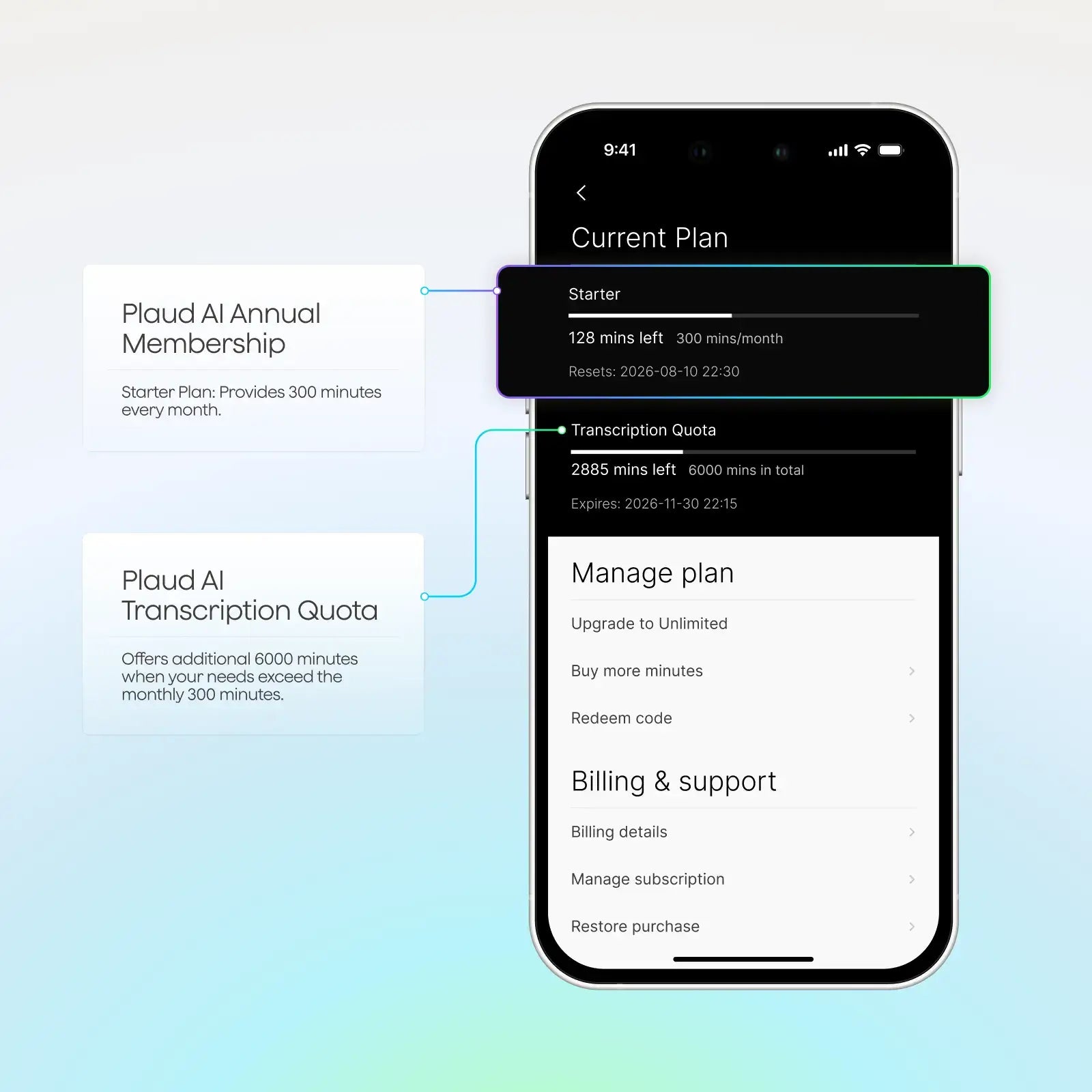 Plaud App interface showing Plaud Starter Plan details and transcription quota on a smartphone.