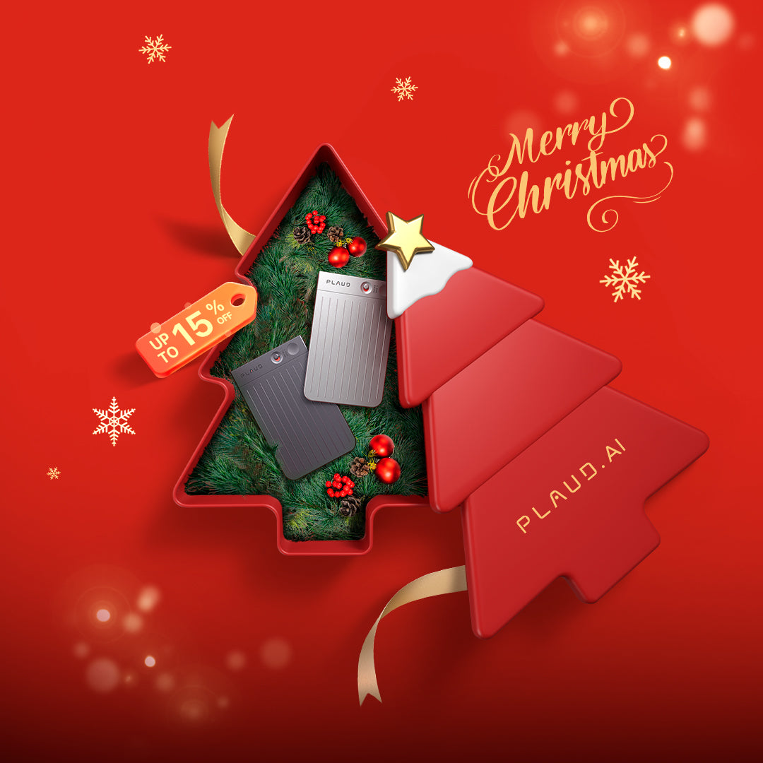 Silver and black Plaud Note Pro in a red Christmas tree gift box. Up to 15% off holiday sale.