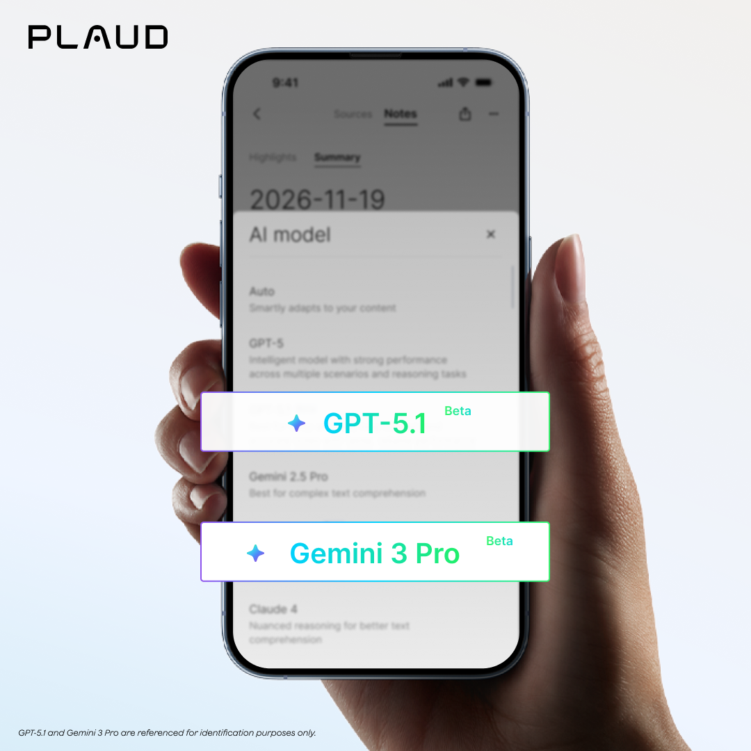 Plaud App on a smartphone displaying AI model selection options including GPT-5.1 and Gemini 3 Pro.