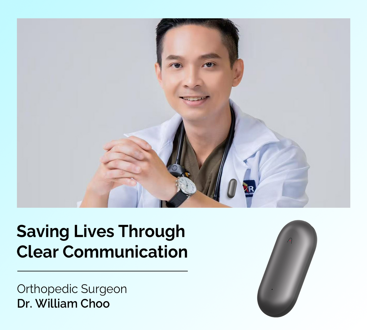 Orthopedic Surgeon Dr. William Choo wearing a grey Plaud NotePin on his lab coat for clear communication.