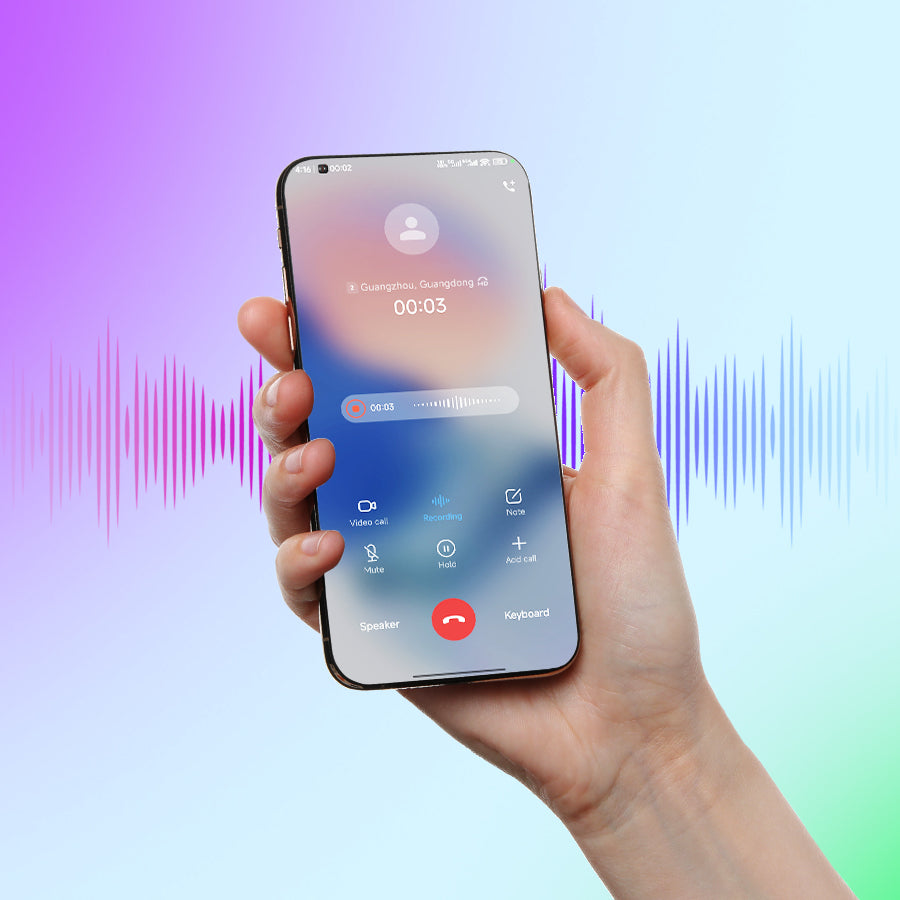 Hand holding a smartphone recording a phone call with the Plaud App against a colorful waveform background.