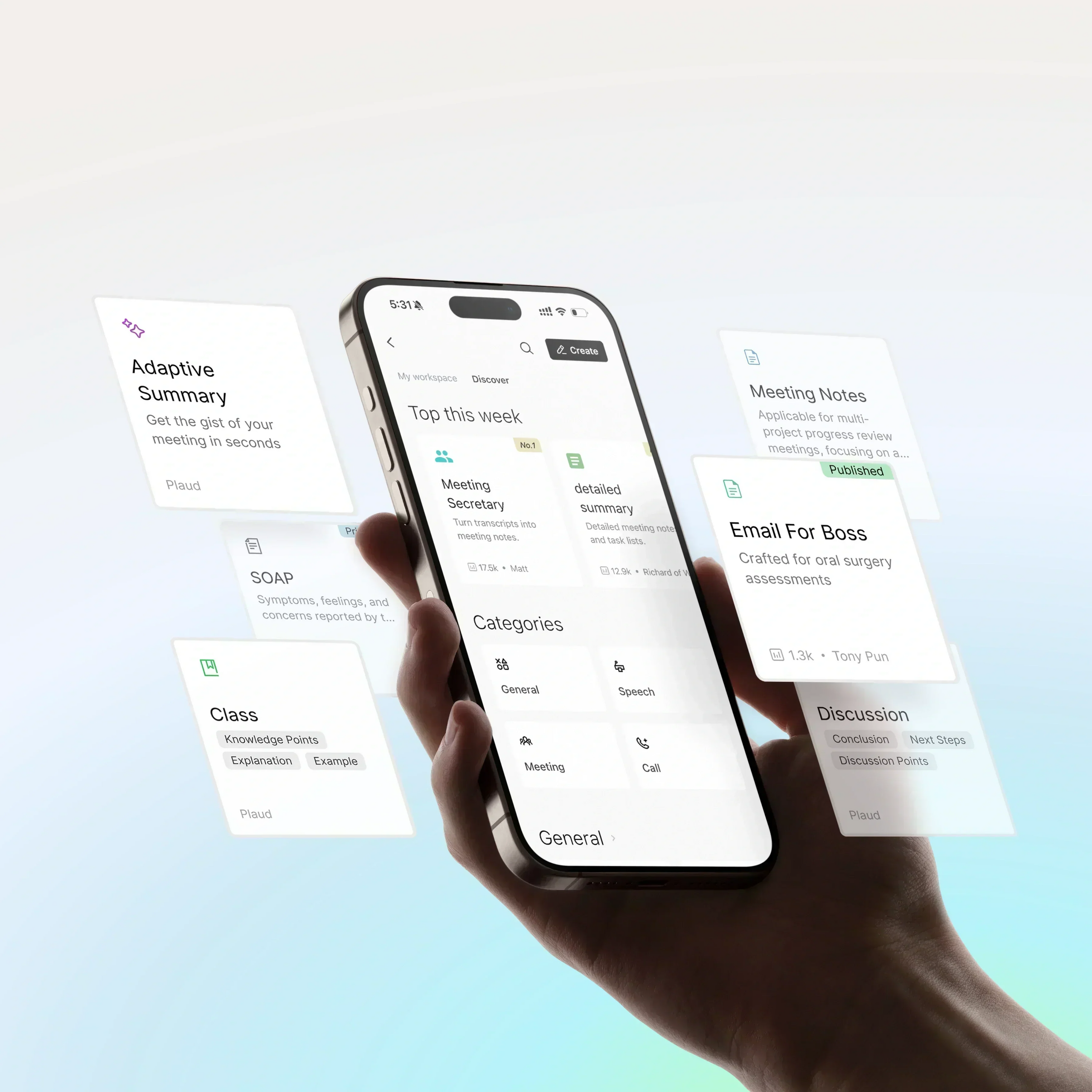 Plaud App interface on a smartphone with floating cards for meeting notes, summaries, and class transcripts.