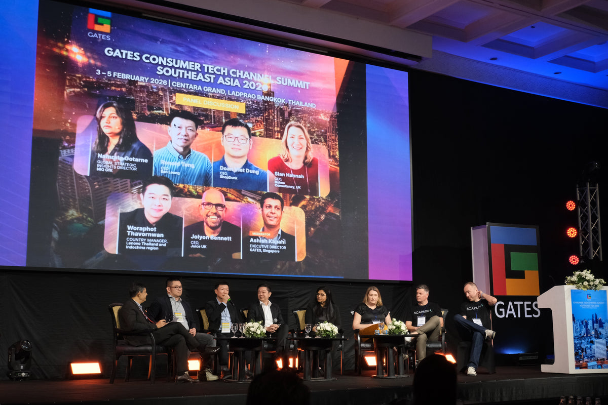 Panelists speak on stage at the GATES Consumer Tech Channel Summit Southeast Asia 2024.