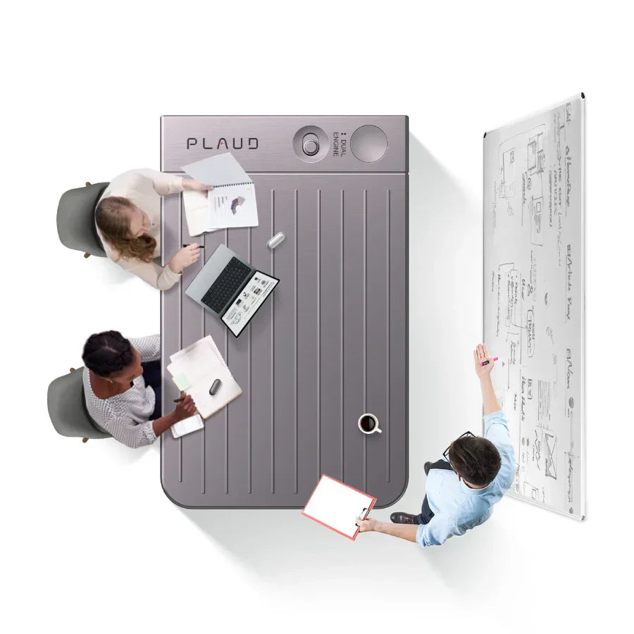 Creative overhead view of a gray Plaud Note Pro as a meeting table for three professionals.