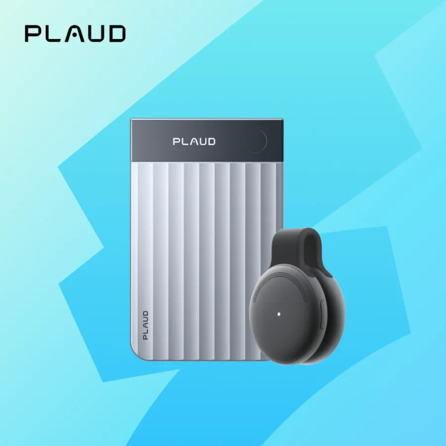 Silver Plaud Note Pro and black Plaud NotePin AI voice recorders on a blue geometric background.