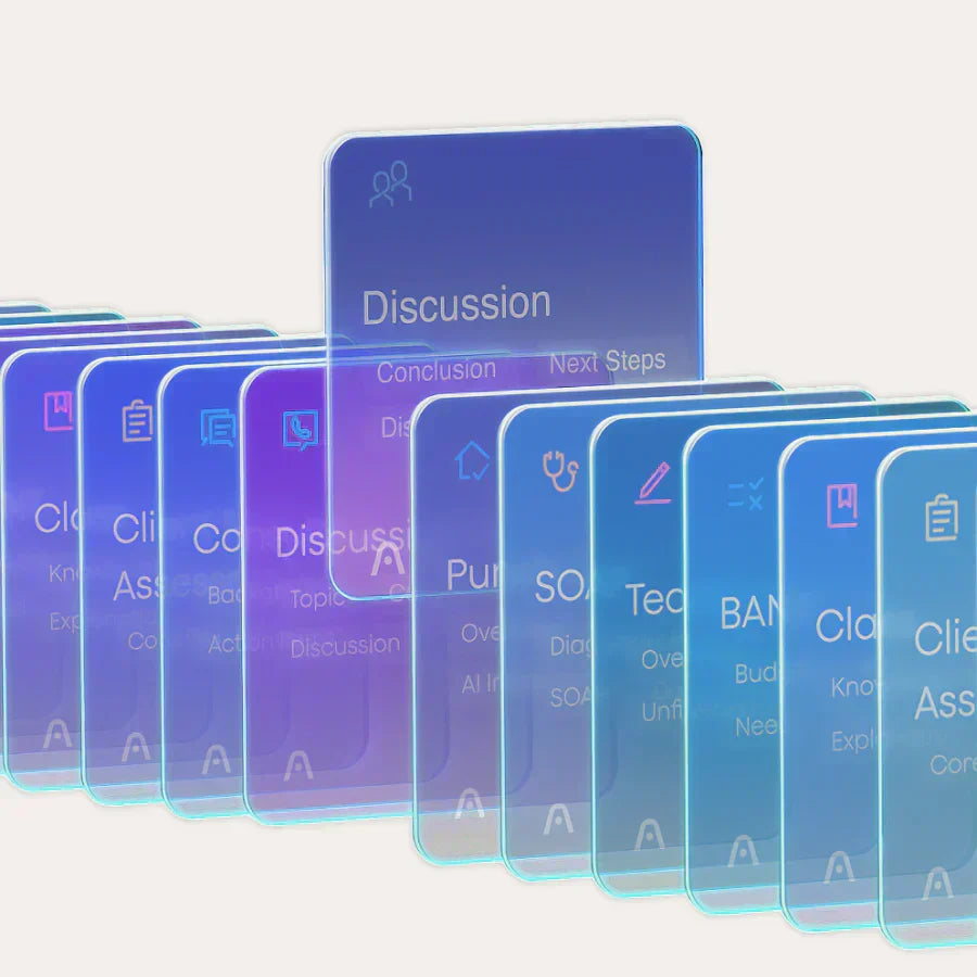 Translucent blue and purple cards showing various Plaud App AI summary templates like Discussion and SOAP notes.