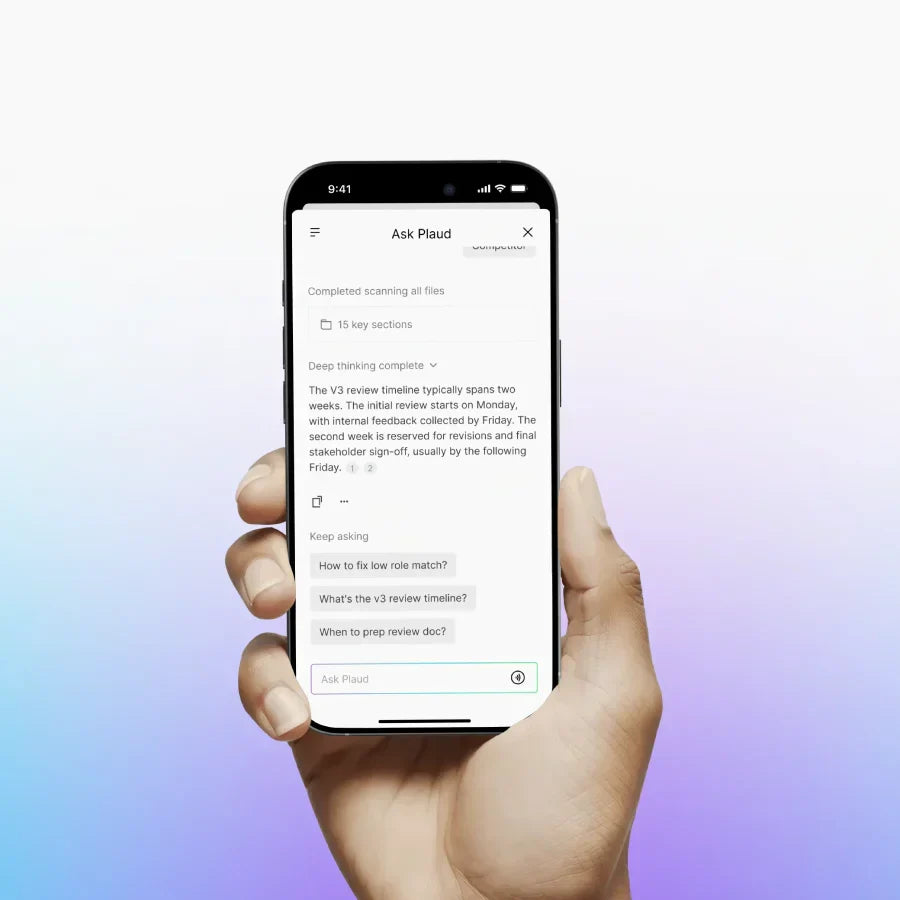 A hand holds a smartphone showing the Ask Plaud feature in the Plaud App, displaying an AI-generated summary.