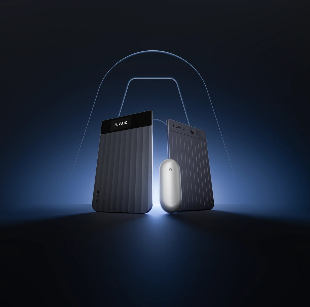 Two black Plaud Note Pro recorders and one silver Plaud NotePin against a dark blue glowing background.