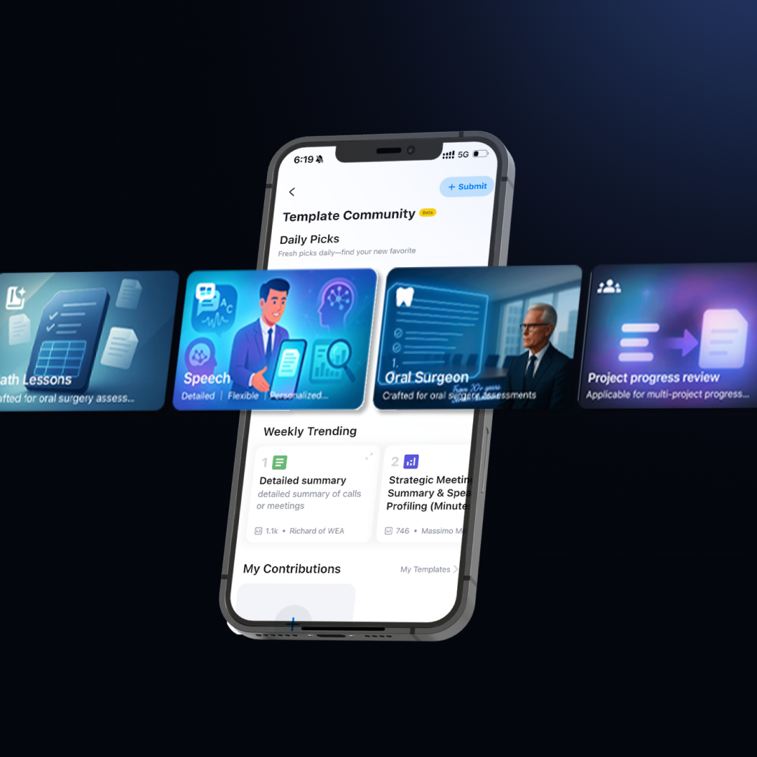 Plaud App Template Community interface on a smartphone showing various AI summary templates for professional use.