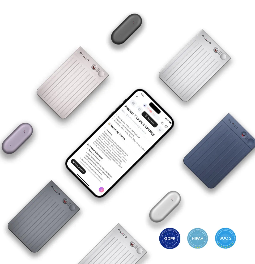Plaud Note Pro and Plaud NotePin in various colors with the Plaud App and GDPR, HIPAA, and SOC 2 compliance badges.