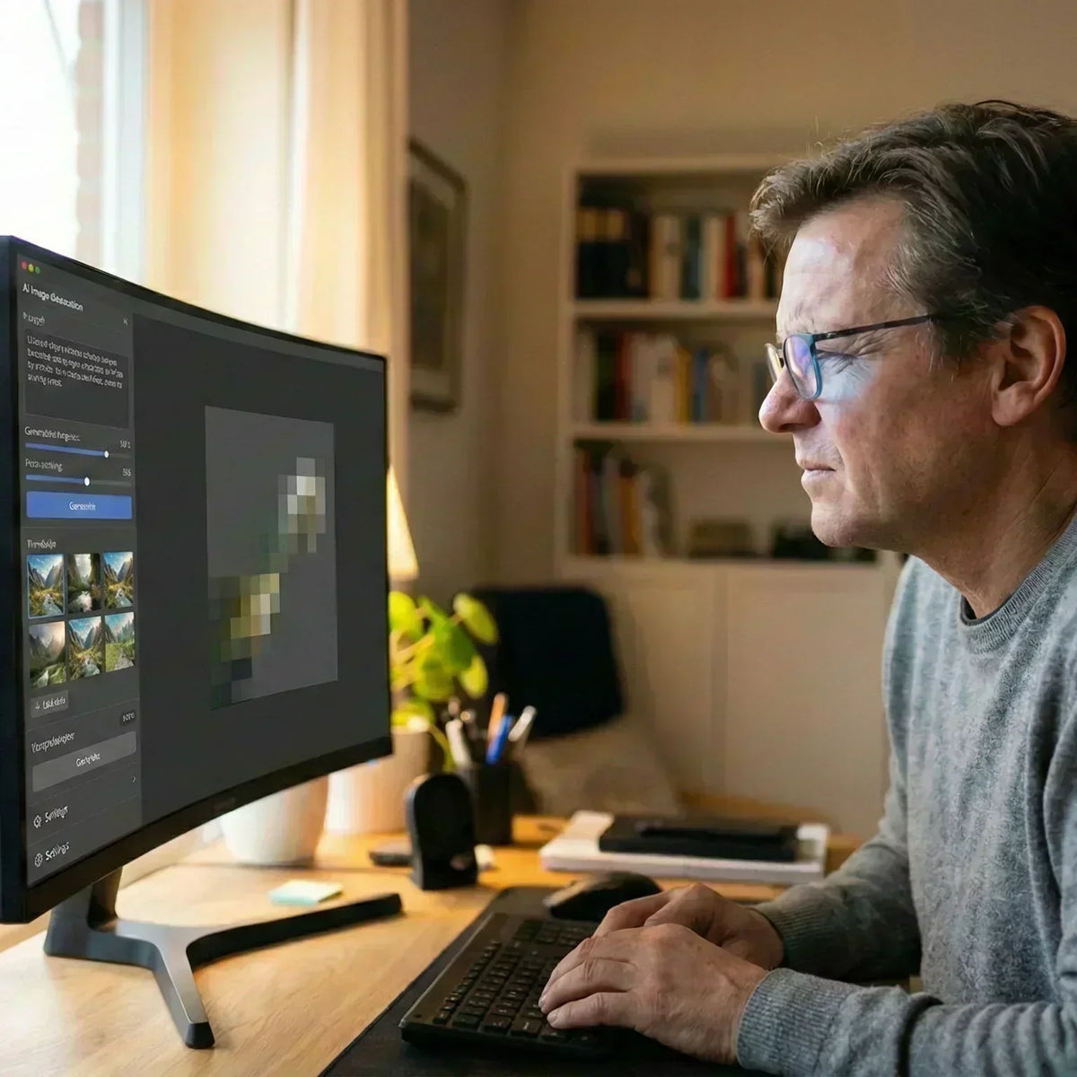 A man works at a computer with a black Plaud Note AI voice recorder on his desk.
