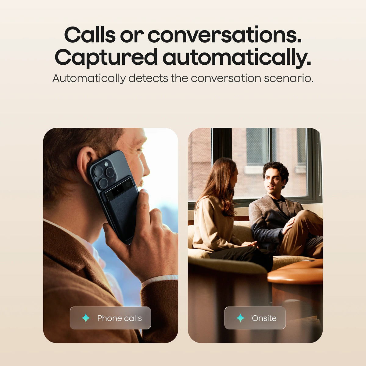 A black Plaud Note Pro records a phone call and an onsite meeting, illustrating how it automatically captures different conversation scenarios.
