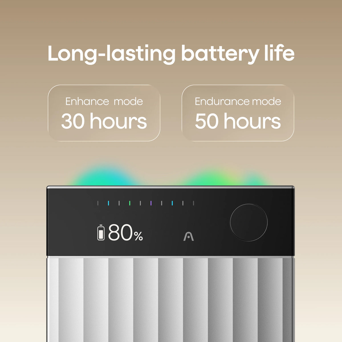 The silver Plaud Note Pro displays 80% battery life, with text highlighting 30 hours in Enhance mode and 50 hours in Endurance mode.
