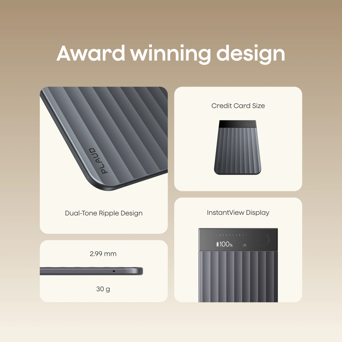 A Plaud Note Pro infographic highlights its award-winning design, credit card size, 2.99 mm thickness, and InstantView Display.