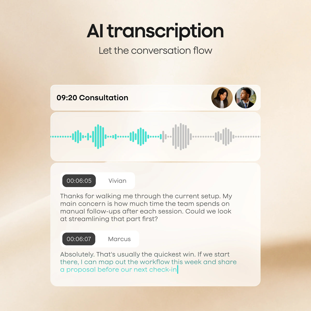The Plaud App interface displays an AI transcription of a consultation between Vivian and Marcus, featuring an audio waveform.