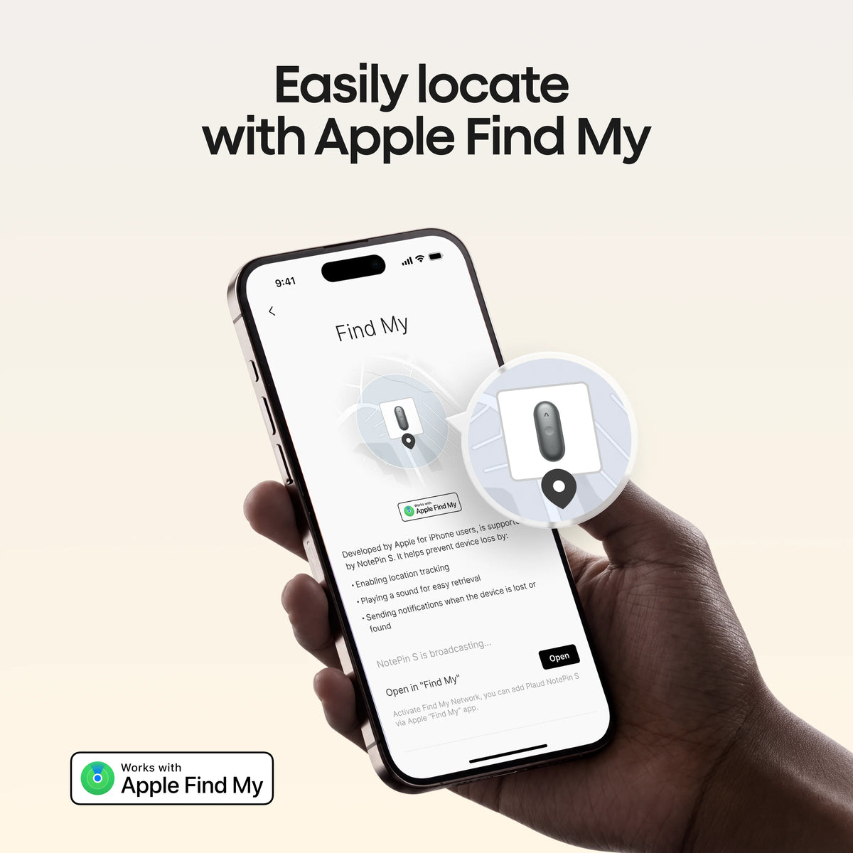 A hand holds a smartphone displaying the Apple Find My app, which shows the location of a Plaud NotePin S on a map for easy tracking.