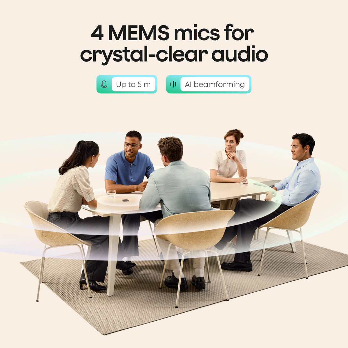 Five professionals sit around a meeting table with a Plaud Note Pro in the center, capturing audio from up to 5 meters away using 4 MEMS mics and AI beamforming.