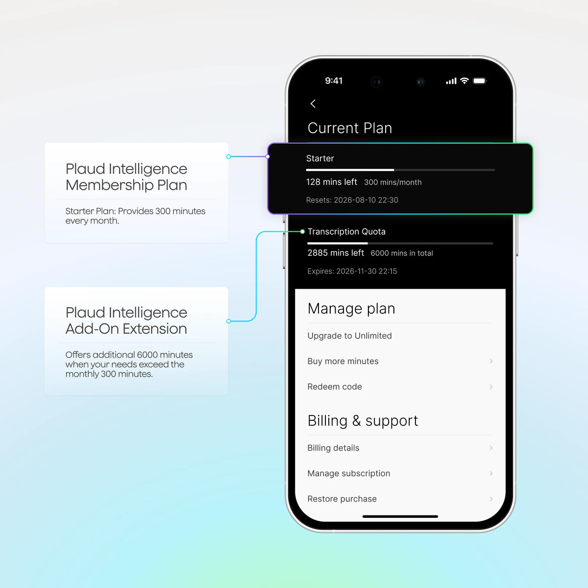 Plaud App showing Plaud Starter Plan details and Plaud Intelligence Add-On Extension for extra transcription minutes.