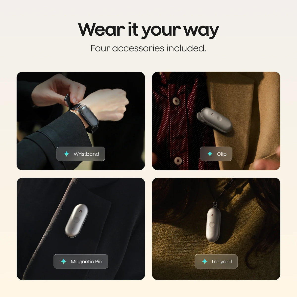 Four panels show the Plaud NotePin S worn with a wristband, clip, magnetic pin, and lanyard. Text reads "Wear it your way" and "Four accessories included."