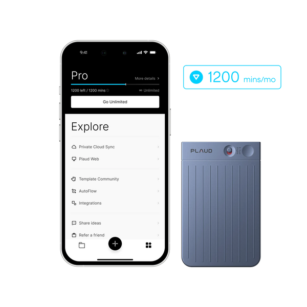 Blue Plaud Note Pro and Plaud App showing 1200 monthly minutes on the Pro Plan.