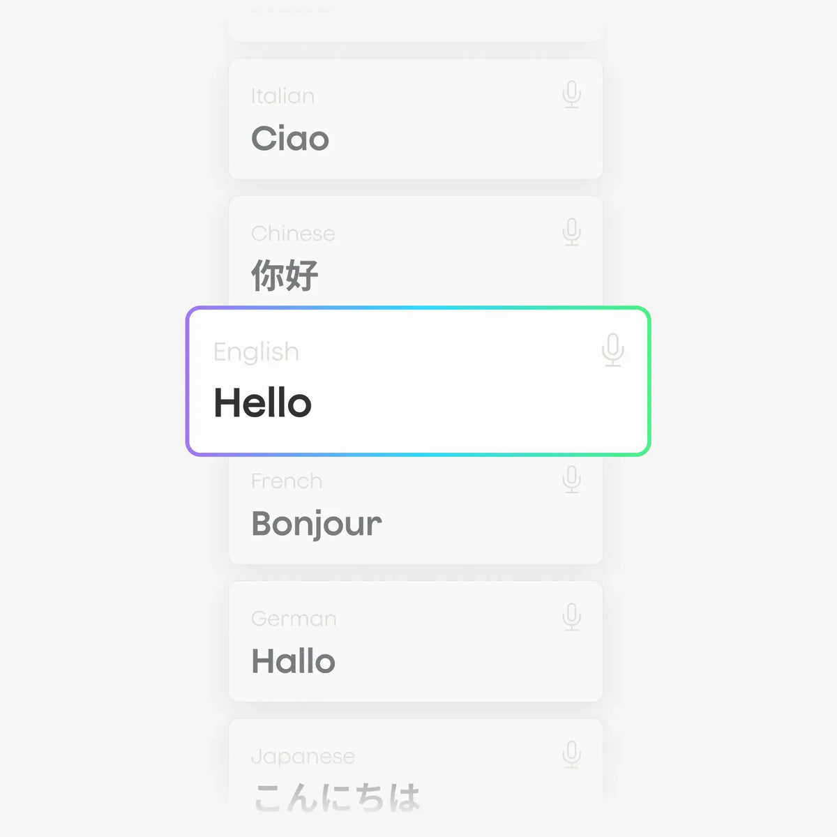 Plaud App interface highlighting multilingual support with greetings in English, Italian, Chinese, and French.