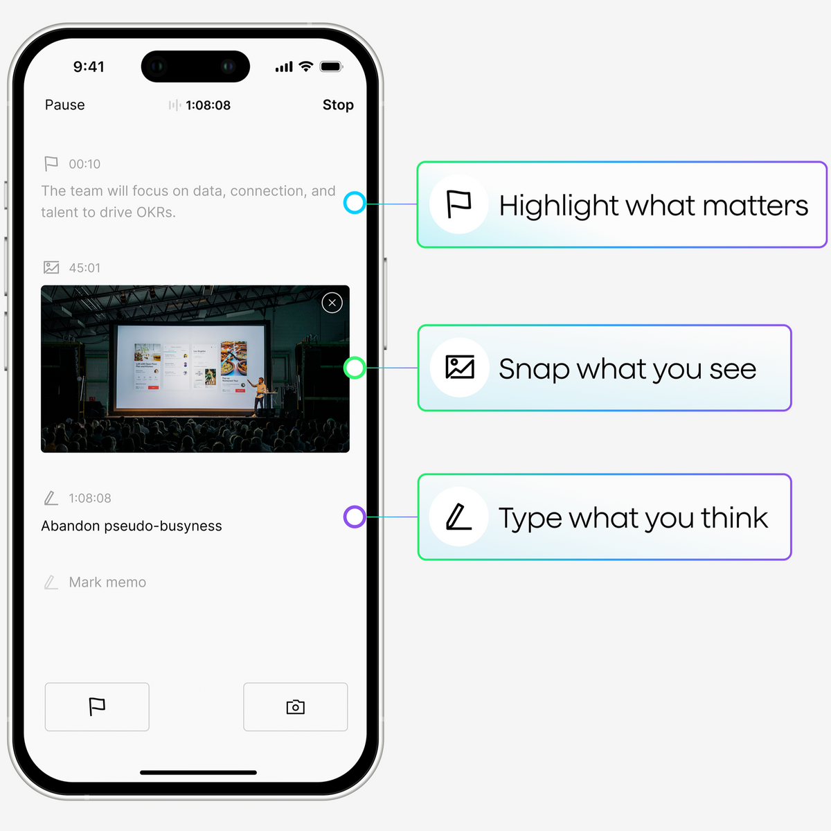 Plaud App interface showing features to highlight text, snap photos, and type notes during a recording.