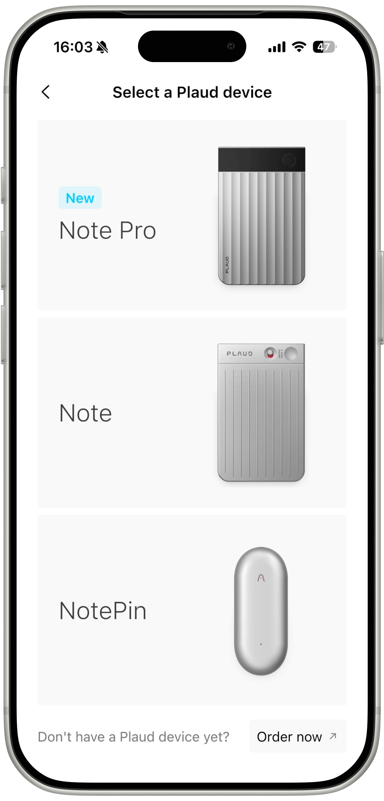 Plaud App screen for selecting a device: Plaud Note Pro, Plaud Note, or Plaud NotePin.