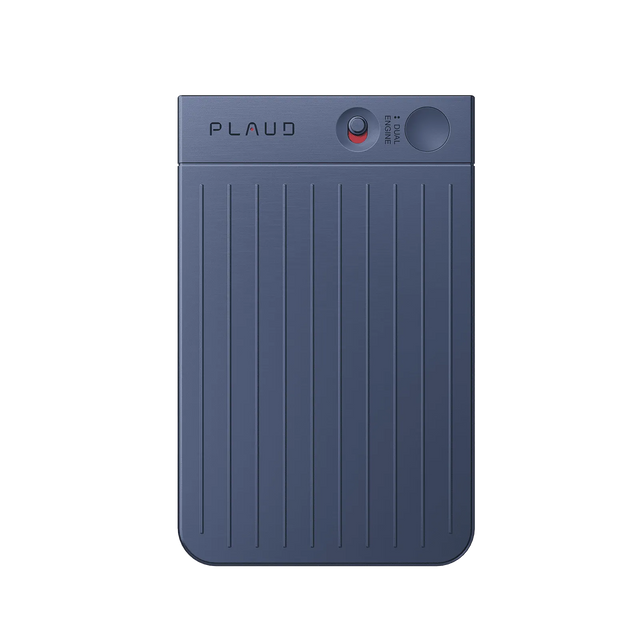 Navy blue Plaud Note Pro AI voice recorder featuring a ribbed textured body and top control panel.