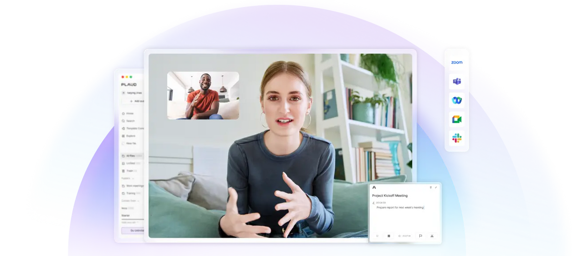 Plaud App interface capturing a video call with meeting notes and integration icons for Zoom, Teams, and Google Meet.