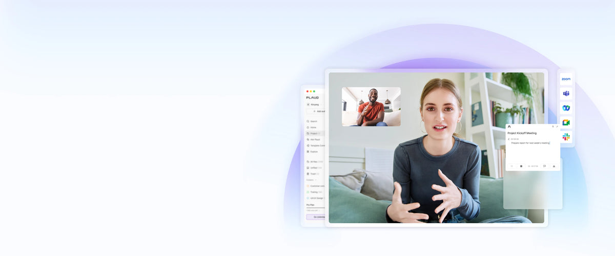 Plaud App interface capturing a video meeting with Zoom, Microsoft Teams, and Google Meet integrations.