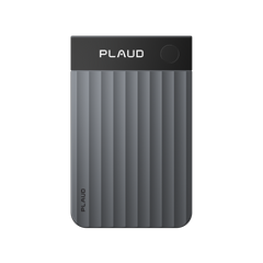 Space gray Plaud Note Pro AI voice recorder with a ribbed textured body and a black display screen at the top.