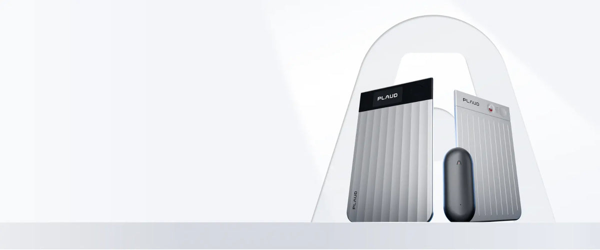Silver Plaud Note Pro recorders and a dark grey Plaud NotePin wearable on a minimalist white background.
