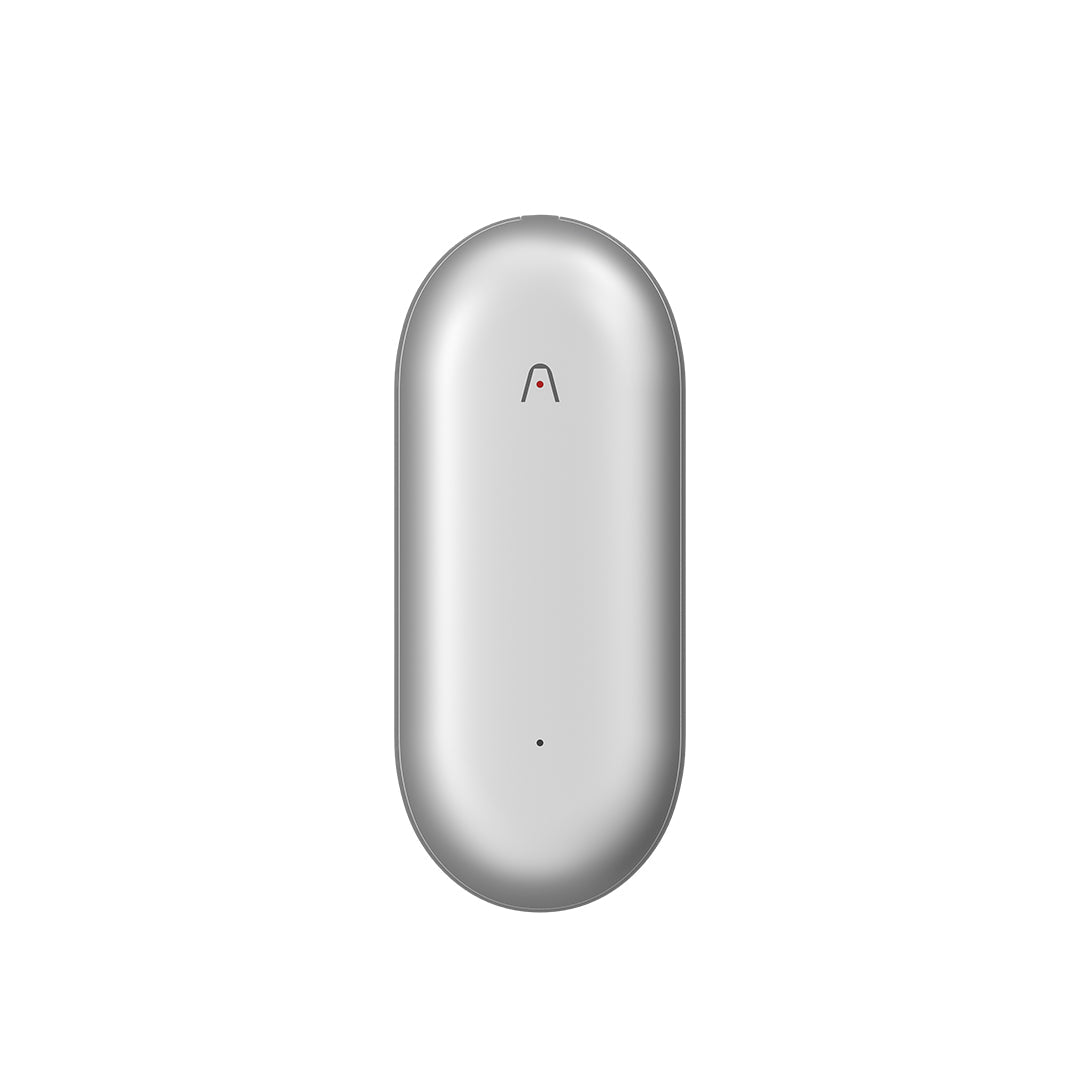 Sleek silver Plaud NotePin wearable AI voice recorder with red button for meetings, calls and hands-free note taking, featuring multiple wearing options