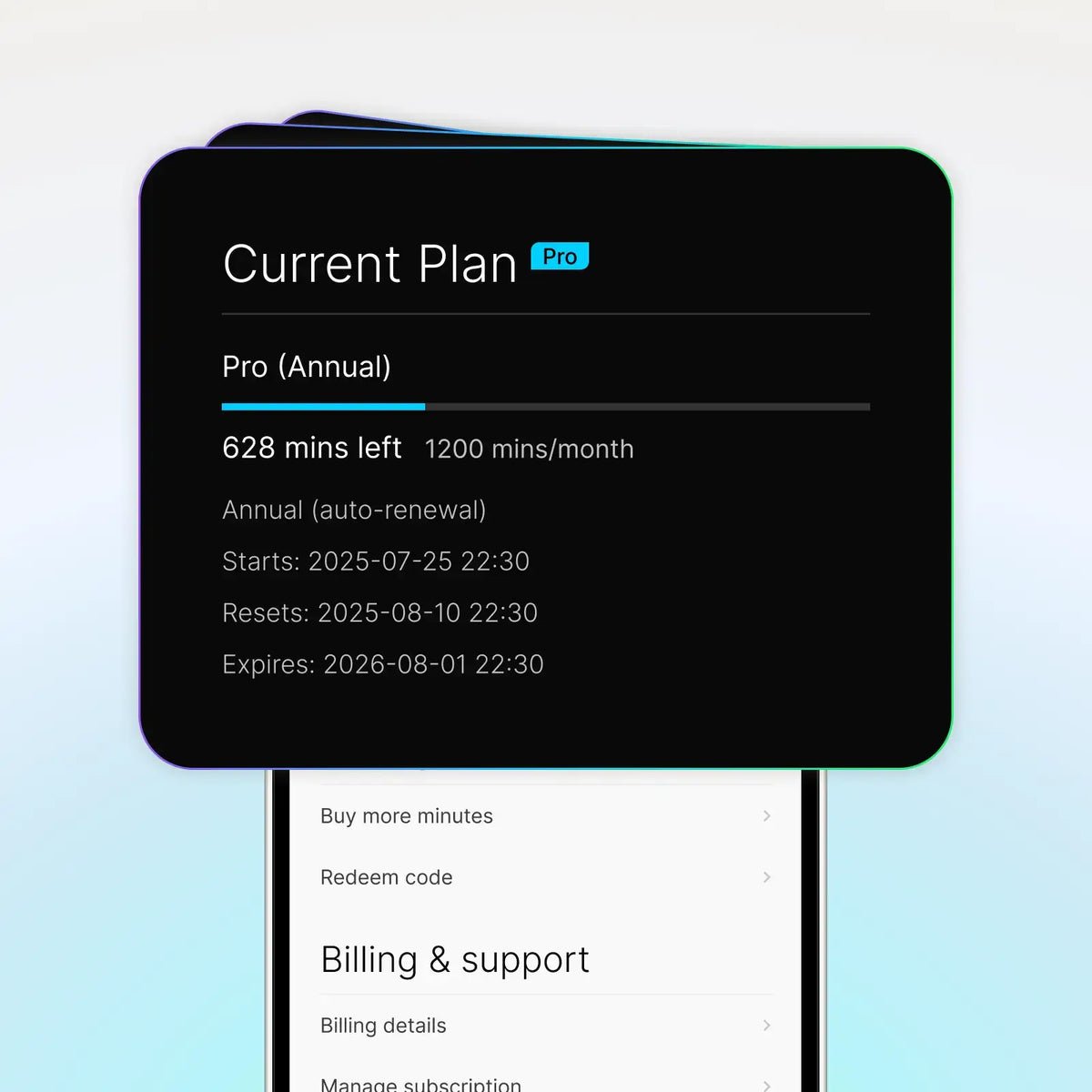 Plaud App UI showing Plaud Pro Plan details with 628 minutes remaining out of 1200 monthly minutes.