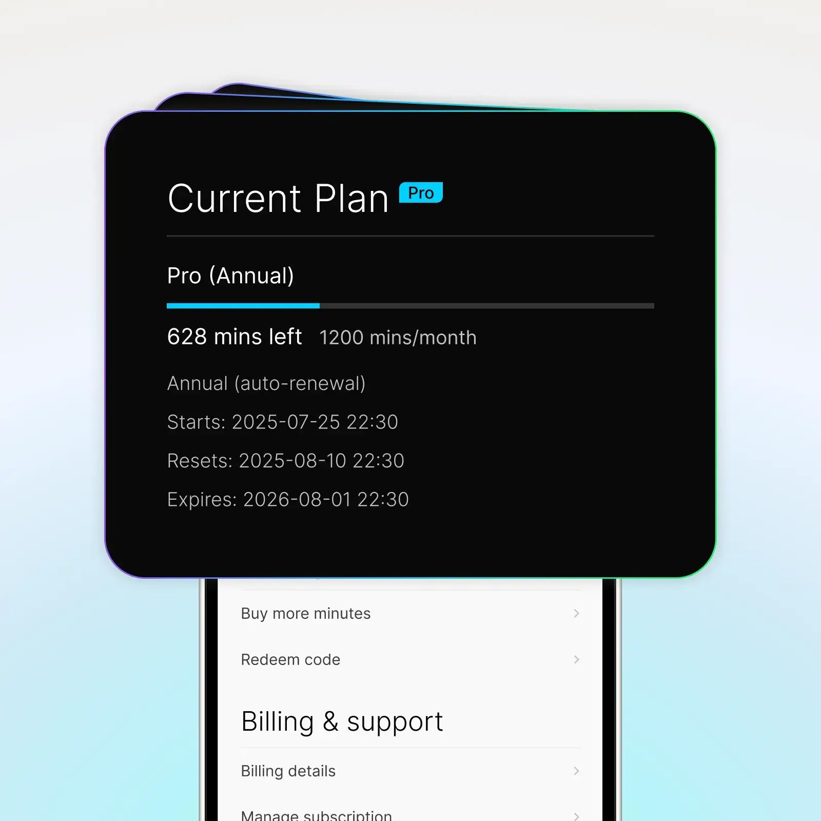Plaud App UI displaying Plaud Pro Plan status, showing 628 minutes left of a 1200-minute monthly limit.