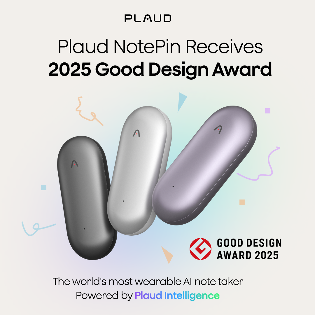 Plaud NotePin in black, silver, and purple wins the 2025 Good Design Award for wearable AI note takers.