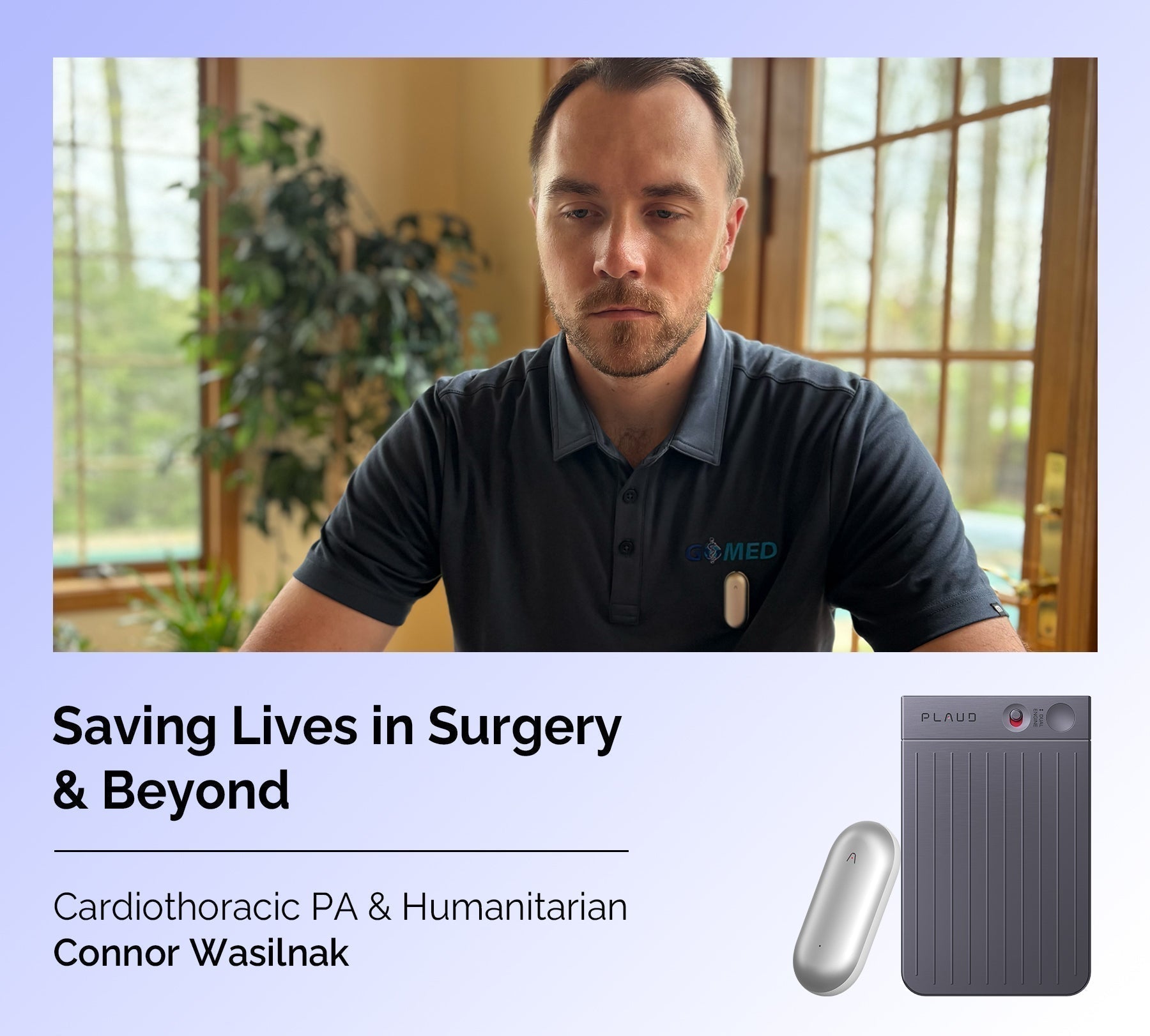 Connor Wasilnak wearing a silver Plaud NotePin; a grey Plaud Note Pro is also shown.