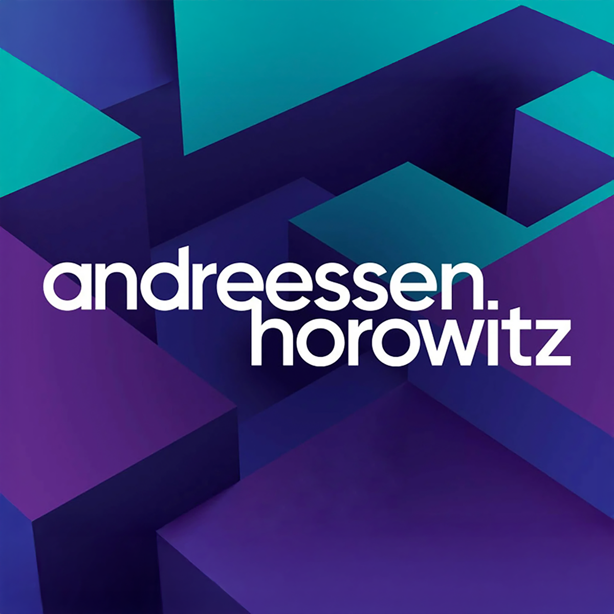 Andreessen Horowitz logo in white text over a purple and teal 3D geometric block background.