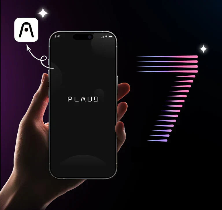 A hand holding a smartphone displaying the Plaud App logo next to a stylized pink number seven.