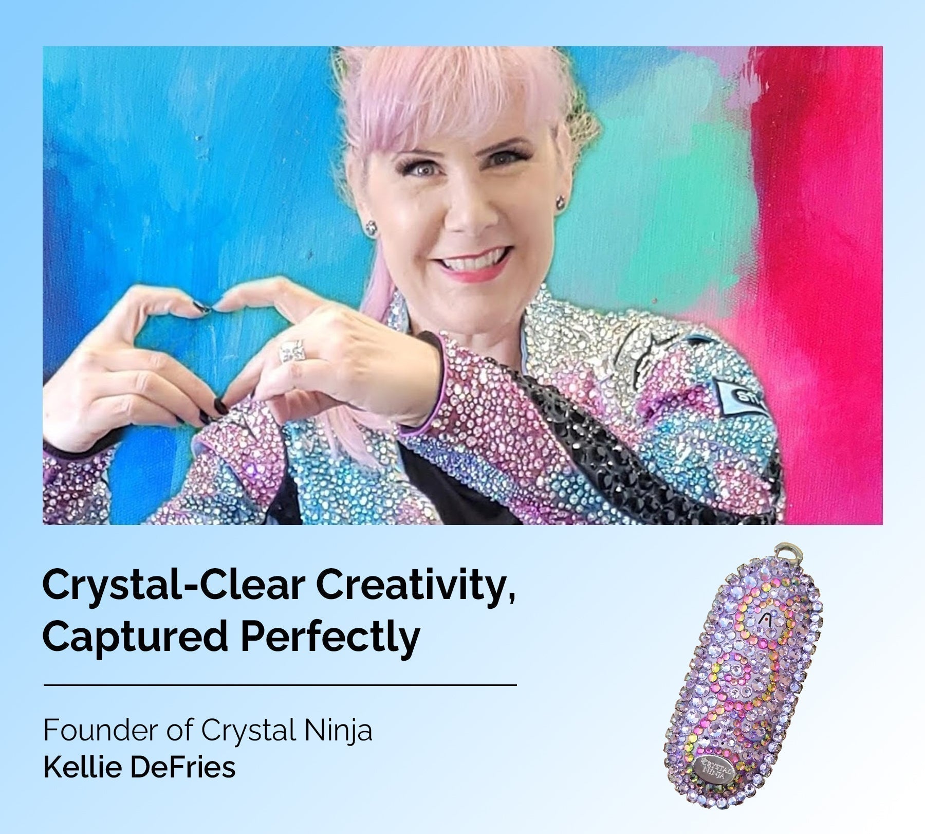 Kellie DeFries with a crystal-covered Plaud NotePin. Text: Crystal-Clear Creativity, Captured Perfectly.