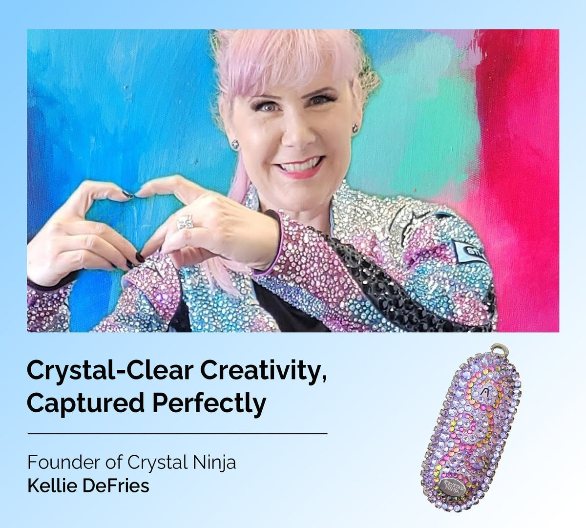 Kellie DeFries with a crystal-covered Plaud NotePin. Text: Crystal-Clear Creativity, Captured Perfectly.