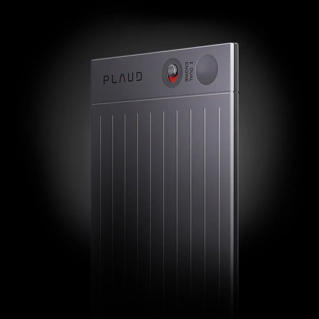 Gray Plaud Note Pro featuring a ribbed texture and dual engine toggle switch on a dark background.