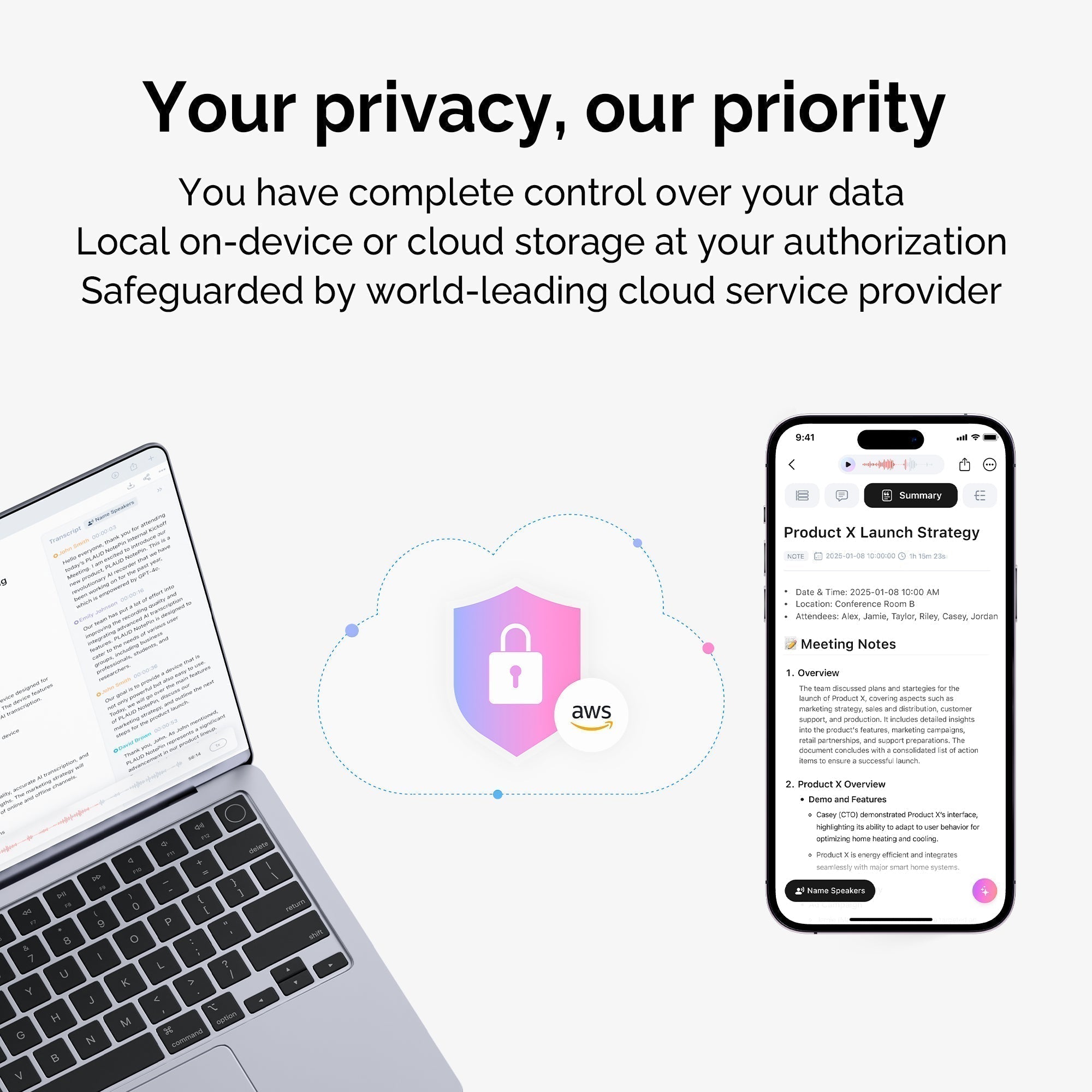 Plaud AI prioritizes privacy with local or cloud storage options and AWS security, as seen on the Plaud App.