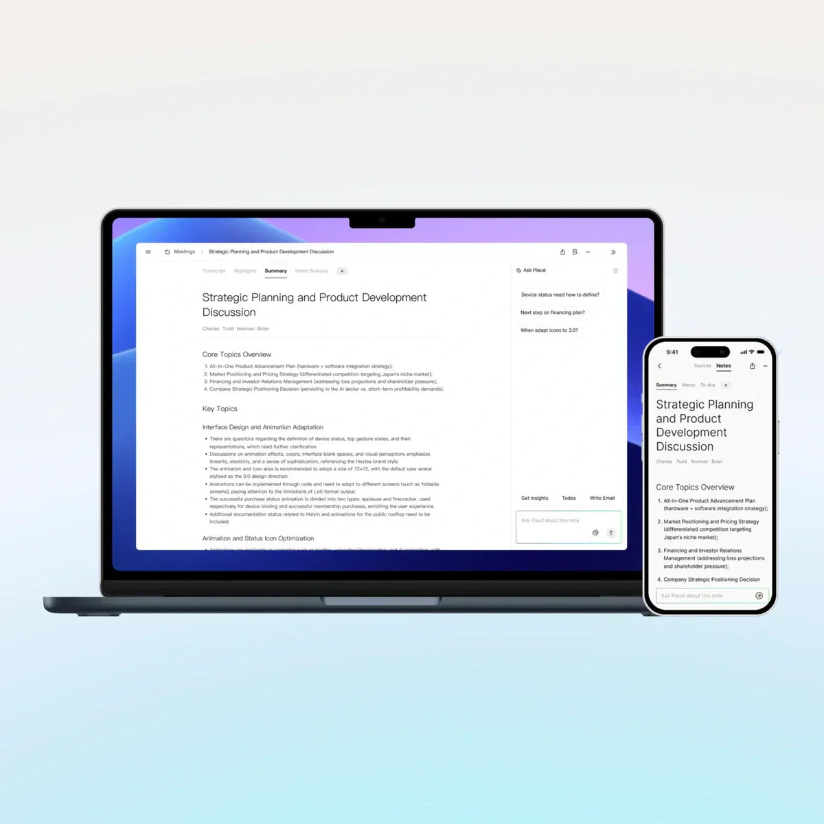Plaud App and Plaud Web displaying a strategic planning meeting summary on a smartphone and laptop.
