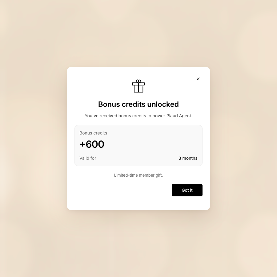 A Plaud App notification confirms 600 bonus credits have been unlocked for Plaud Agent, valid for three months.