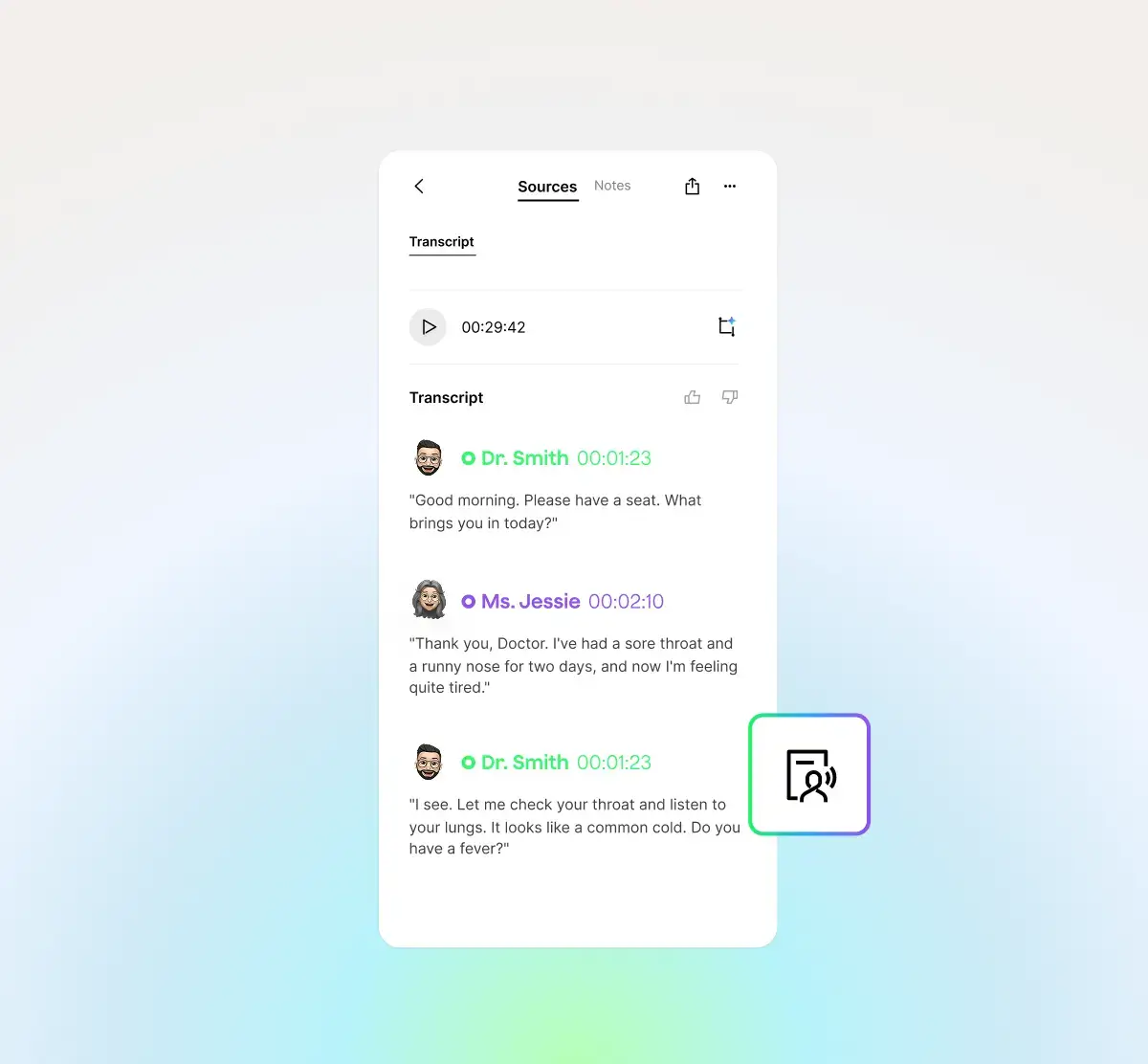 Plaud App interface showing a medical transcript with speaker identification and timestamps for a doctor's appointment.