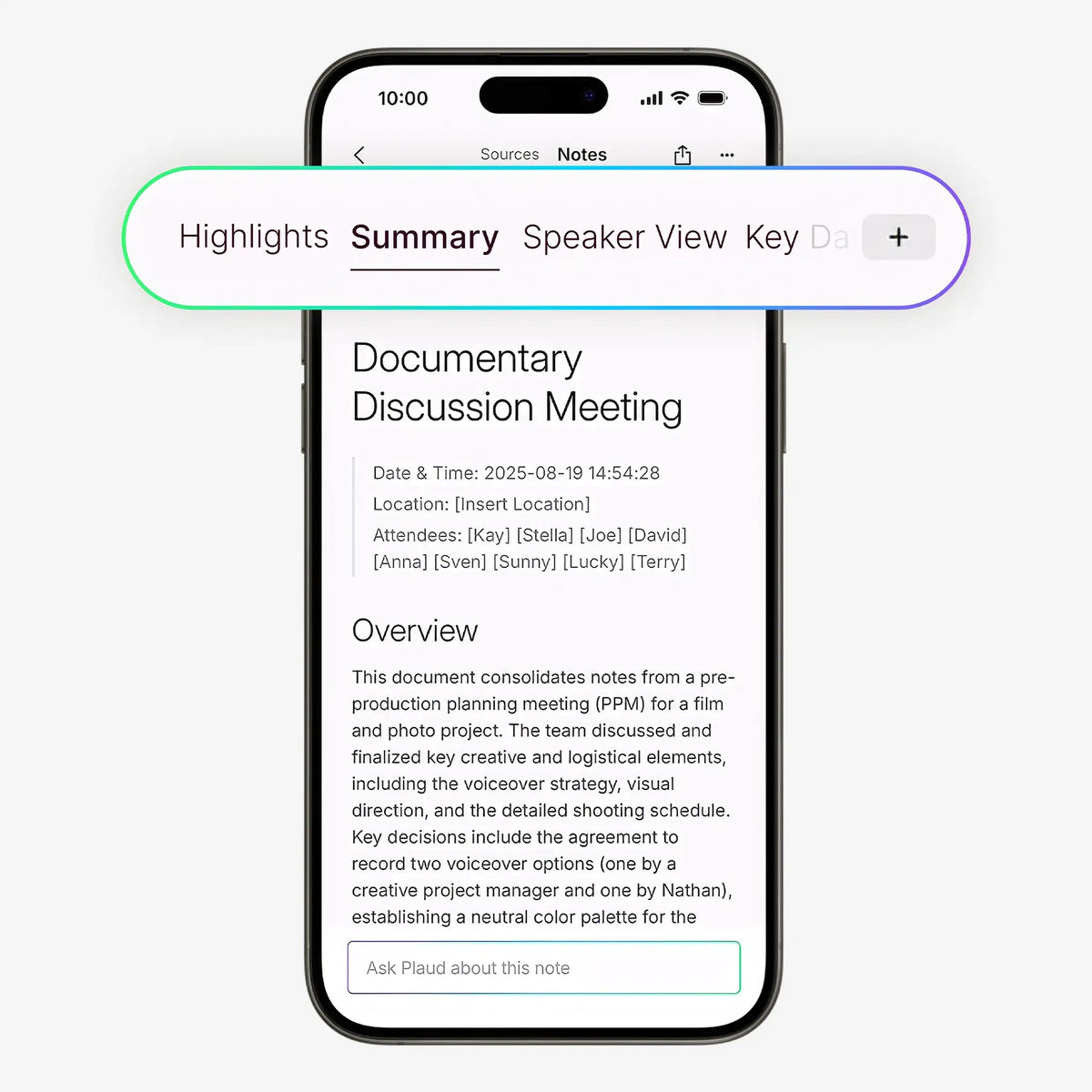 Plaud App on a smartphone displaying a meeting summary, overview, and AI chat feature.