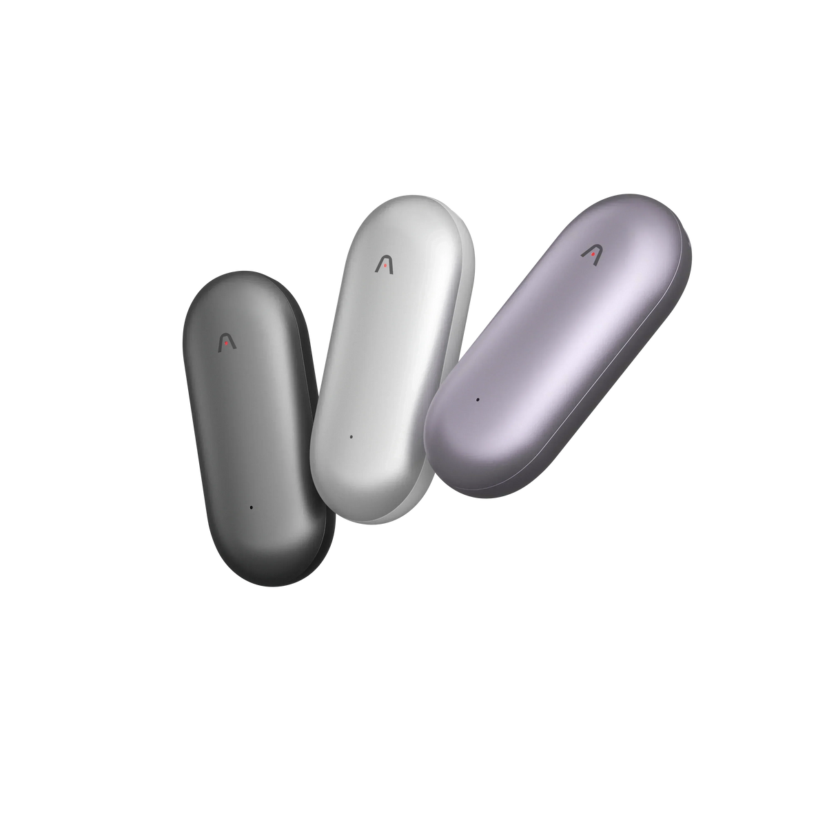 Three Plaud NotePin AI voice recorders in gray, silver, and purple.