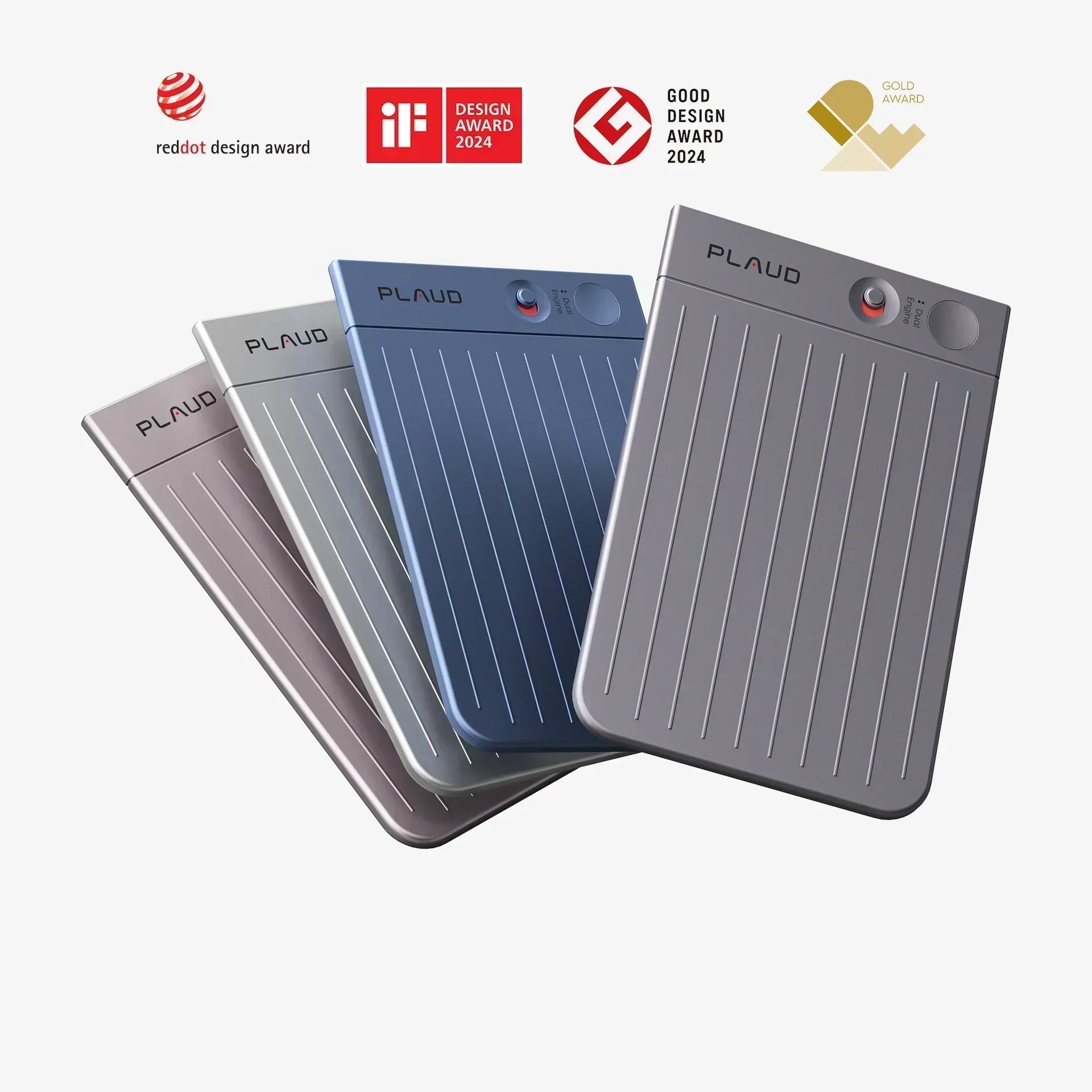 Four Plaud Note Pro recorders in various colors displayed with 2024 design award logos.