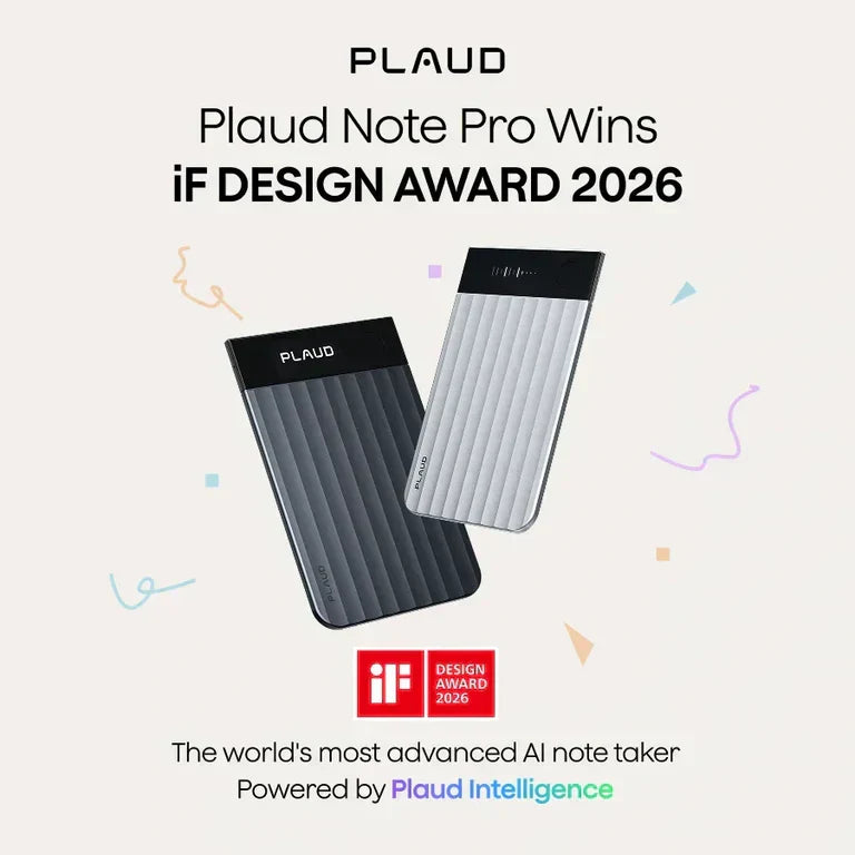 Black and silver Plaud Note Pro AI voice recorders celebrating an iF DESIGN AWARD 2026 win.
